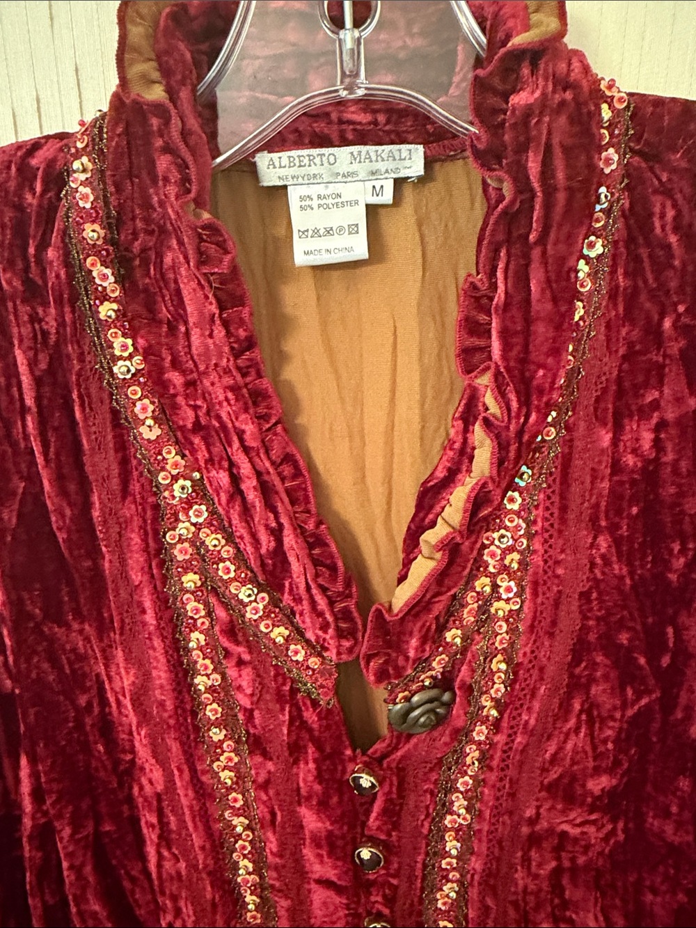 Alberto Makali Red Crushed Velvet Ruffled Blouse with Sequin Trim - Picture 3 of 8